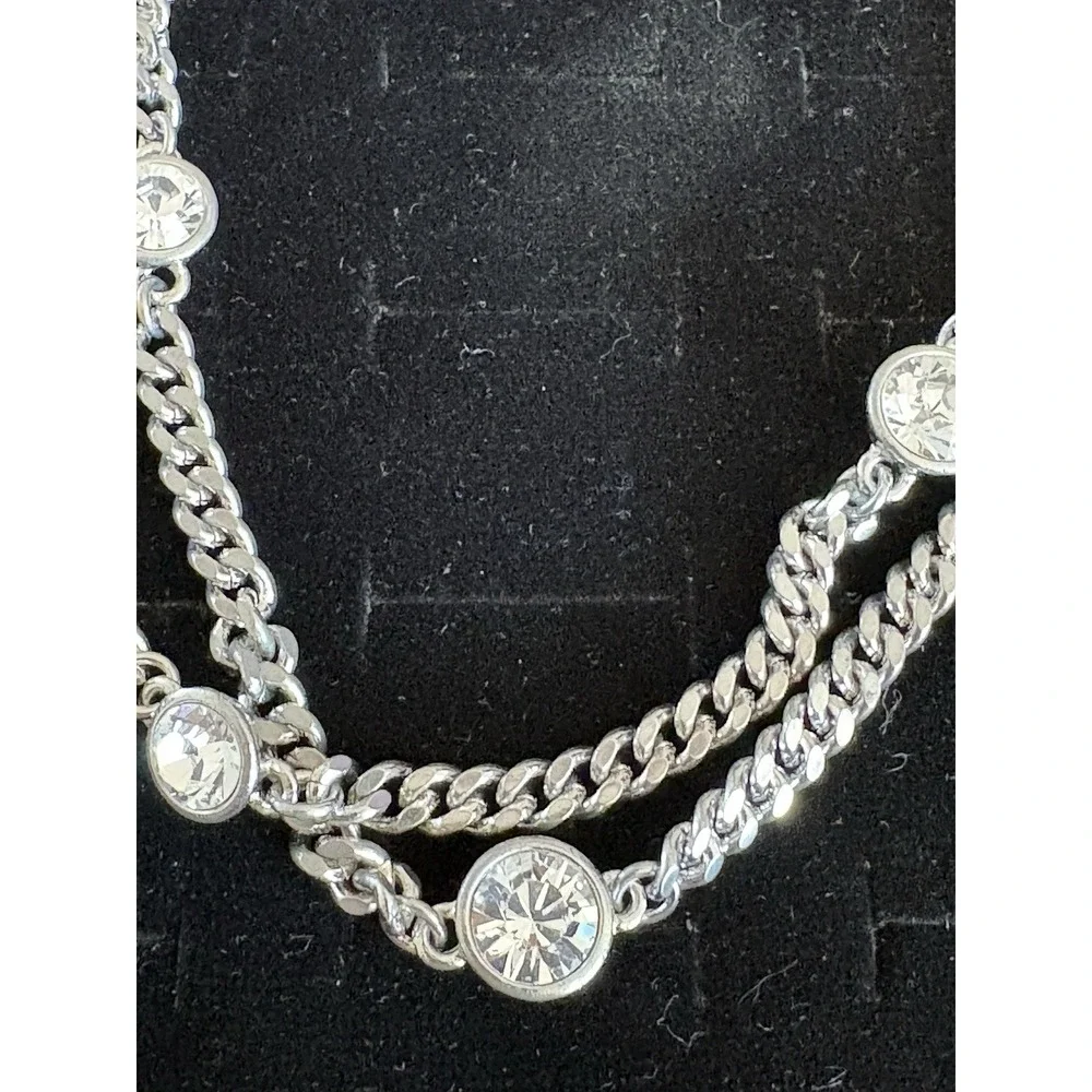 VTG Givenchy Silver Tone Station Chain Necklace‎ Diamond Rhinestone Signed 38